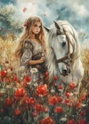 Print ACEO Art Card White Horse Cute Girl Flowers Animal Limited Edition