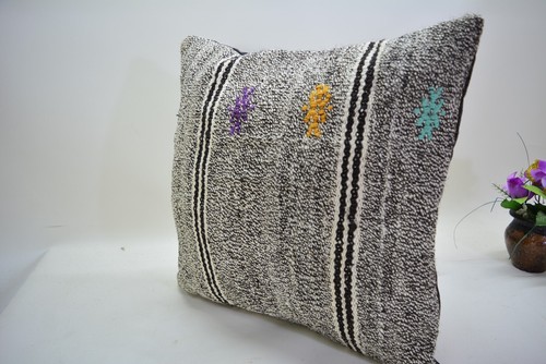 Traditional Gray Hand Knotted Kilim Pillow, 16x16in, Antique Gray Retro Pillow, - Picture 5 of 8