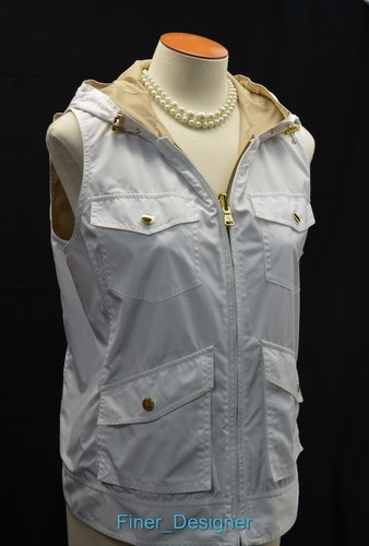 Lauren Ralph Lauren LRL White tan Reversible Vest Exclusive gold zip hood M NEW
