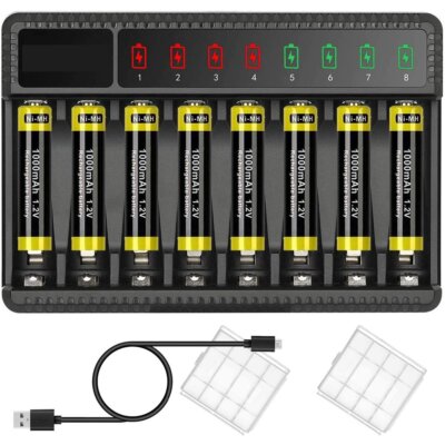 8 Slot Akku Ladegeräte für AA/AAA Akkus NiMH Batterieladegerät Schnellladung DE