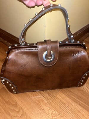 Parkland Saddleback Brown Leather Studded Handbag Double Handle Vintage