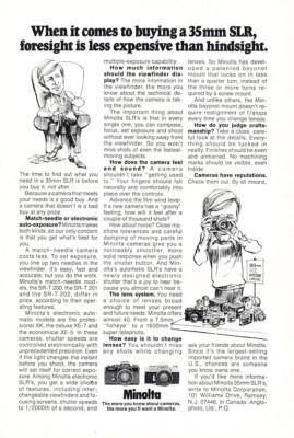 1976 Minolta 35mm SLR Camera: Foresight is Less Vintage Print Ad