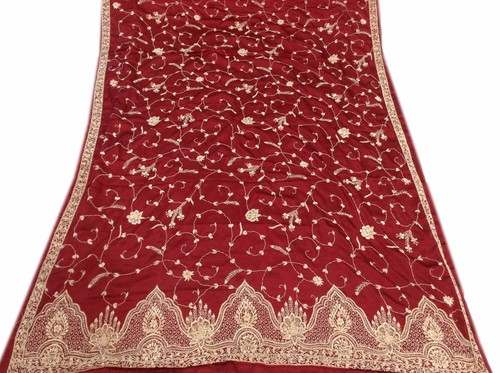 Om Vintage Dupatta Bridal Art Silk Hand Beaded Maroon Scarves Stole W-1137 - Picture 4 of 12