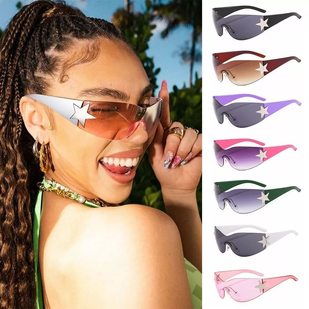 Humanmade Y2k Wrap Around Sunglasses For Women Men Gradient Lens Star Decor Glasses Onepiece Shield Eyewear E