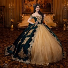 Green Quinceanera Dresses Ball Gown Gold Lace Applique Beading Velvet Sweet 16