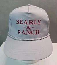 Vtg Bearly A Ranch hat embroidered Bear Patch gray rope leather strap back cap