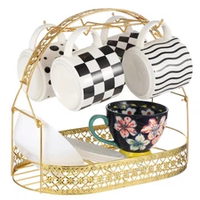 Coffee Cup Tree Holder for Countertop Gold Plated Metal Mug Stand Oval Design