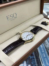 ESQ Swiss Men’s Folio Gold Plated w/White Date Dial Leather Strap Needs Battery