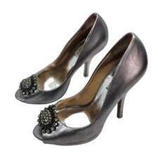 Badgley Mischka Womens 9M Metallic Silver Peep Toe Stiletto Pump Jeweled Heels
