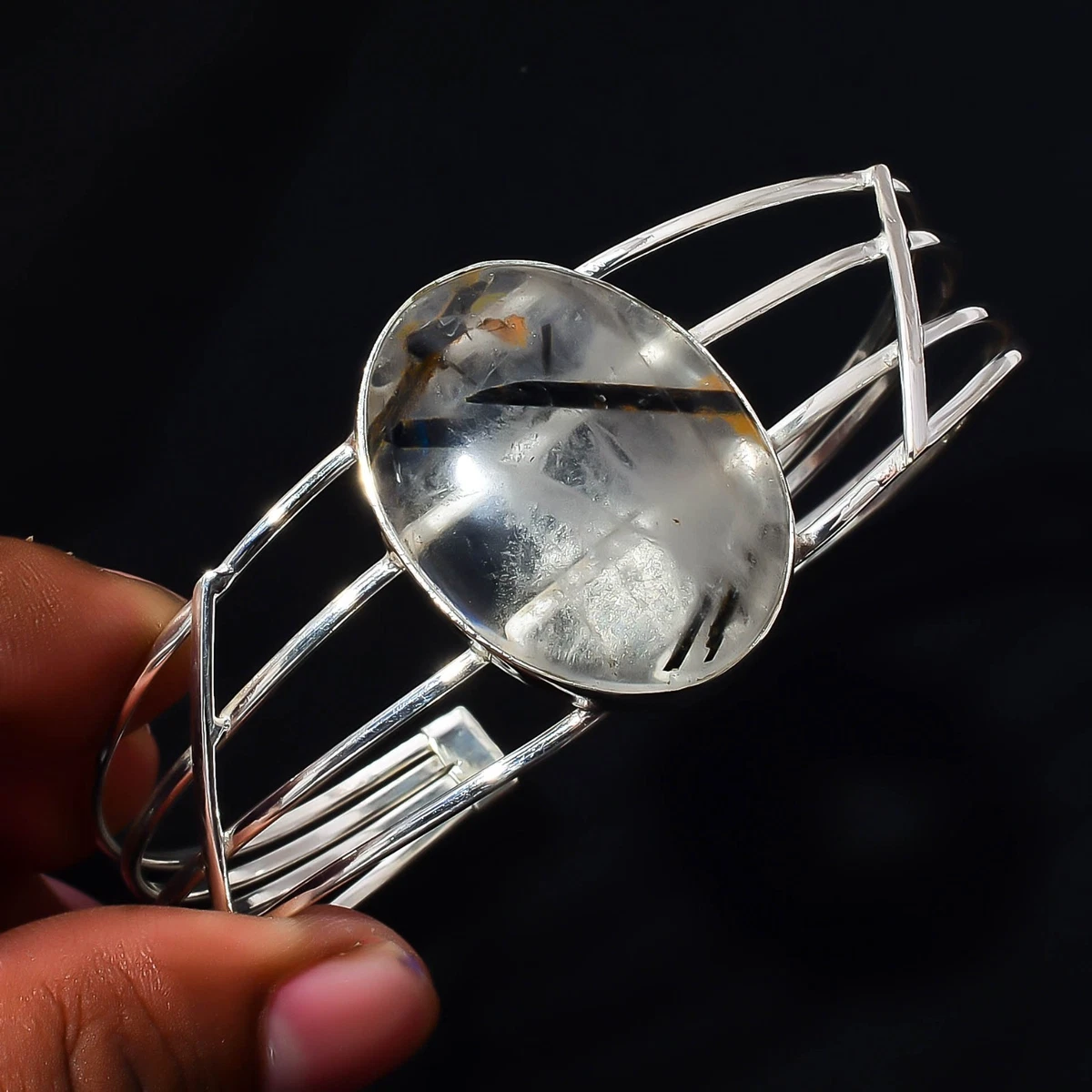 Black Rutile Gemstone 925 Sterling Silver Handmade Bangle Jewelry Gift For Her