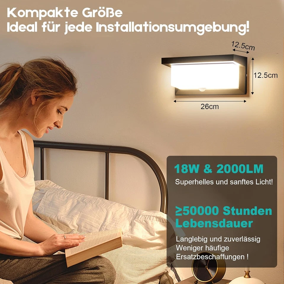 18W LED Außenleuchte mit Bewegungsmelder Wandleuchte Anthrazit Sensor Außenlampe - Bild 3 von 4