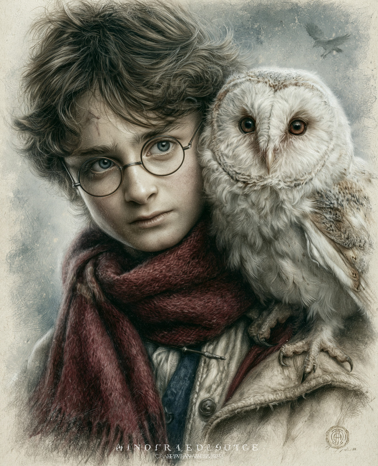 Harry Potter con gafas y bufanda roja sosteniendo búho arte ilustrativo/525467378