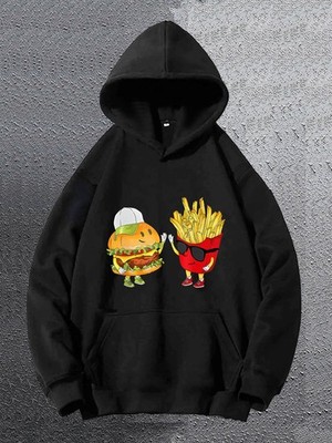 1pc Unisex Casual Polyester Hoodie with Geometric Burger & Fries Print, Long Sle