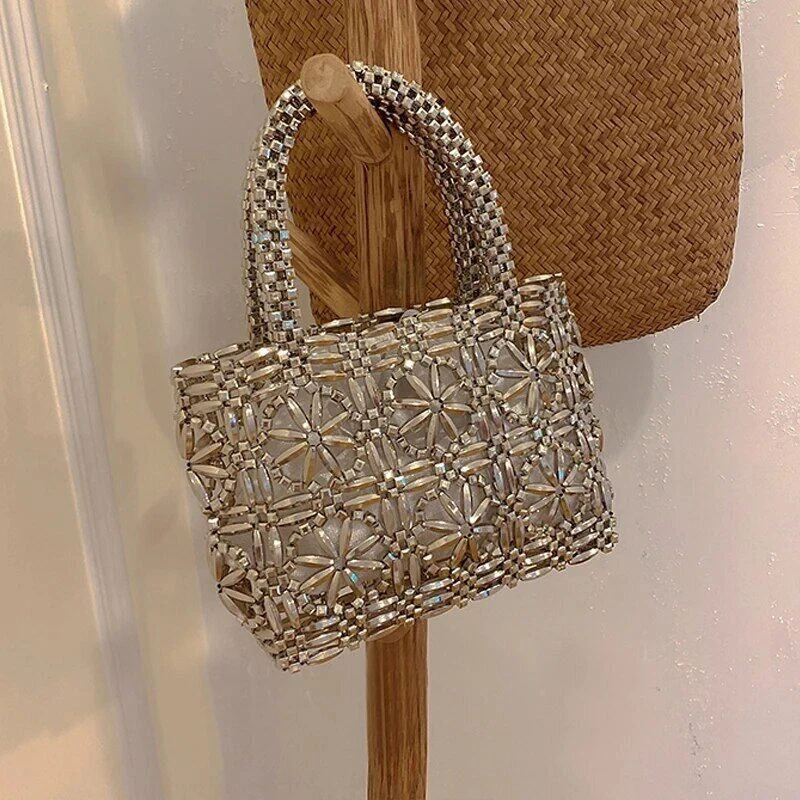 Handmade Weave Metal Beaded Ladies Handbags Hollow Flower Party