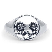 Sunflower Signet Filigree Oxidized Ring 925 Sterling Silver 12mm