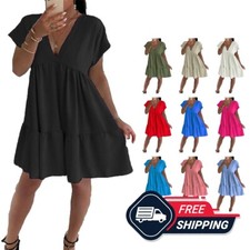 Womens Italian V-Neck Smock Dress Ladies Summer Beach Pleated Swing Top UK 8-22