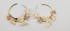Butterfly 2.5" hoop earrings gold tone pink crystals