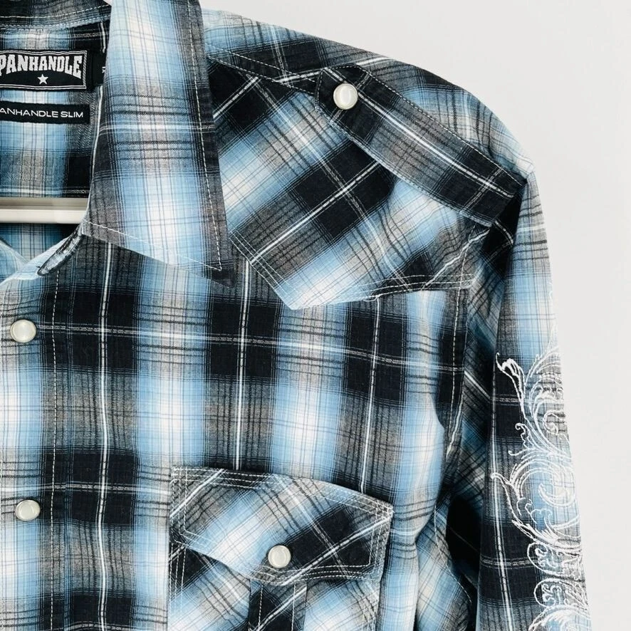 Panhandle Slim Mens Plaid Button Down Shirt Size XL Pearl Snap 90 Proof - Image 3 of 4