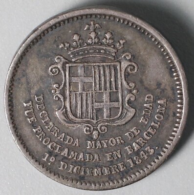 1843 Barcelona Spain Isabel II Silver Proclamation Medal - Scarce - Lot 203a