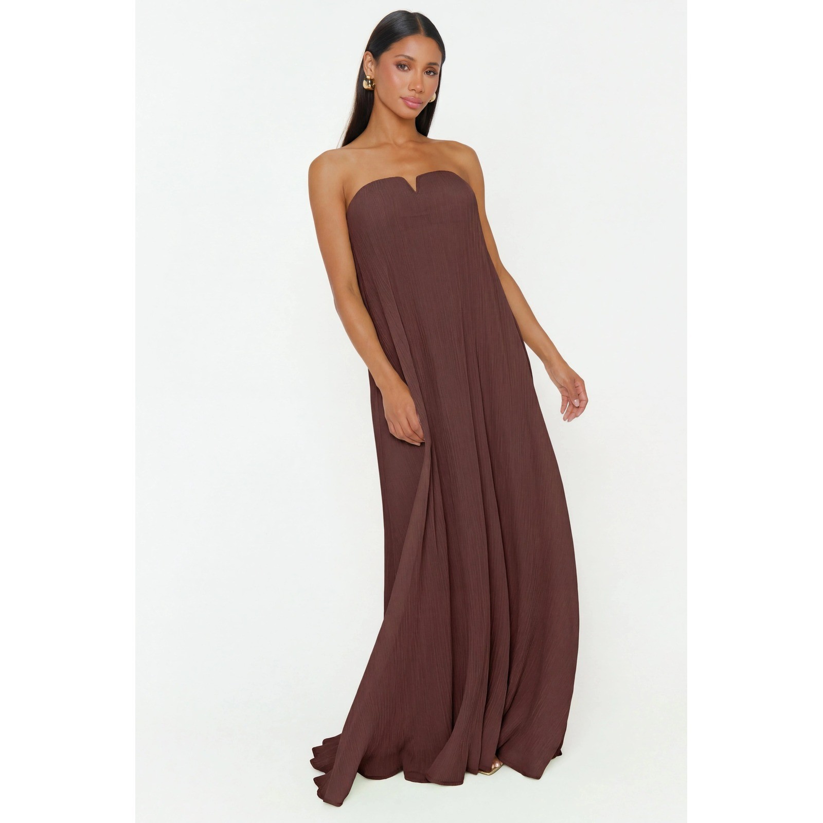 Show Me Your Mumu Brown Plisse Strapless Maxi Dress Sweetheart Gown Large