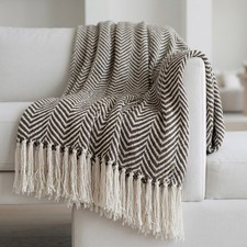 Image of Cotton Herringbone Throw Large Natural Fringe Tassel Sofa Bed Chair Blanket New