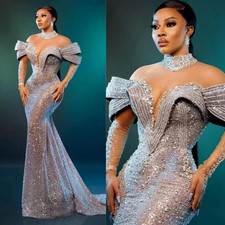 Mermaid Long Sleeve Aso Ebi Satin Ball Gown High Neck Diamond Lace Evening Dress