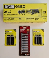 Ryobi 18V Multi-Size 4 Position Ratchet 1/2" 3/8" 1/4" PCL280B w/extra sockets