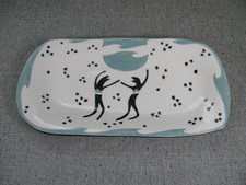 Ann Cascarano Alaska Art Pottery Blue White Black Lizard People 11" Tray  1995