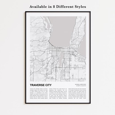 Traverse City Map Print, Michigan Travel Poster, Modern Map, Wall Decor Art