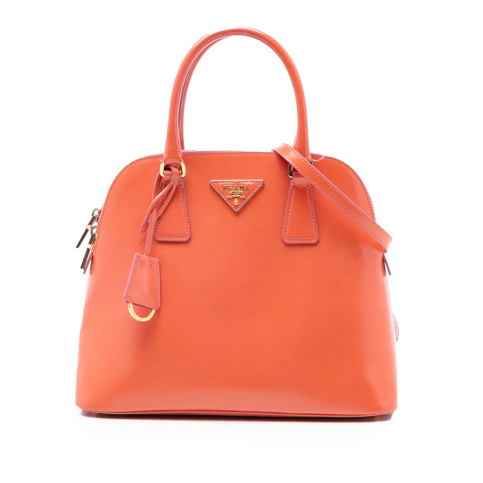Authenticated Prada Small Saffiano Vernice Promenade Orange Leather Satchel