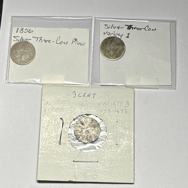 1856 Three-Cent Silver Type 2 Large Star Three Lines Coin plus (2) Obscure dates