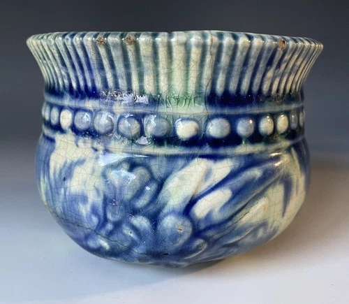 Antique Early Pottery 1904 JW McCoy 3" Majolica Blended Glaze Jardiniere Nouveau