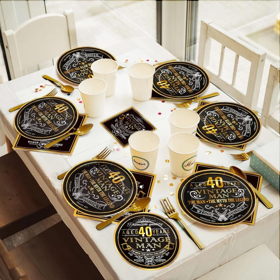 Juego de suministros de fiesta de cumpleaños 40 vintage para hombres 24 invitados platos de papel servilletas Foto 4 de 4