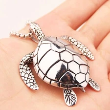 Large Silver Sea Turtle Pendant Necklace Stainless Steel Big Jewelry Men, Womans