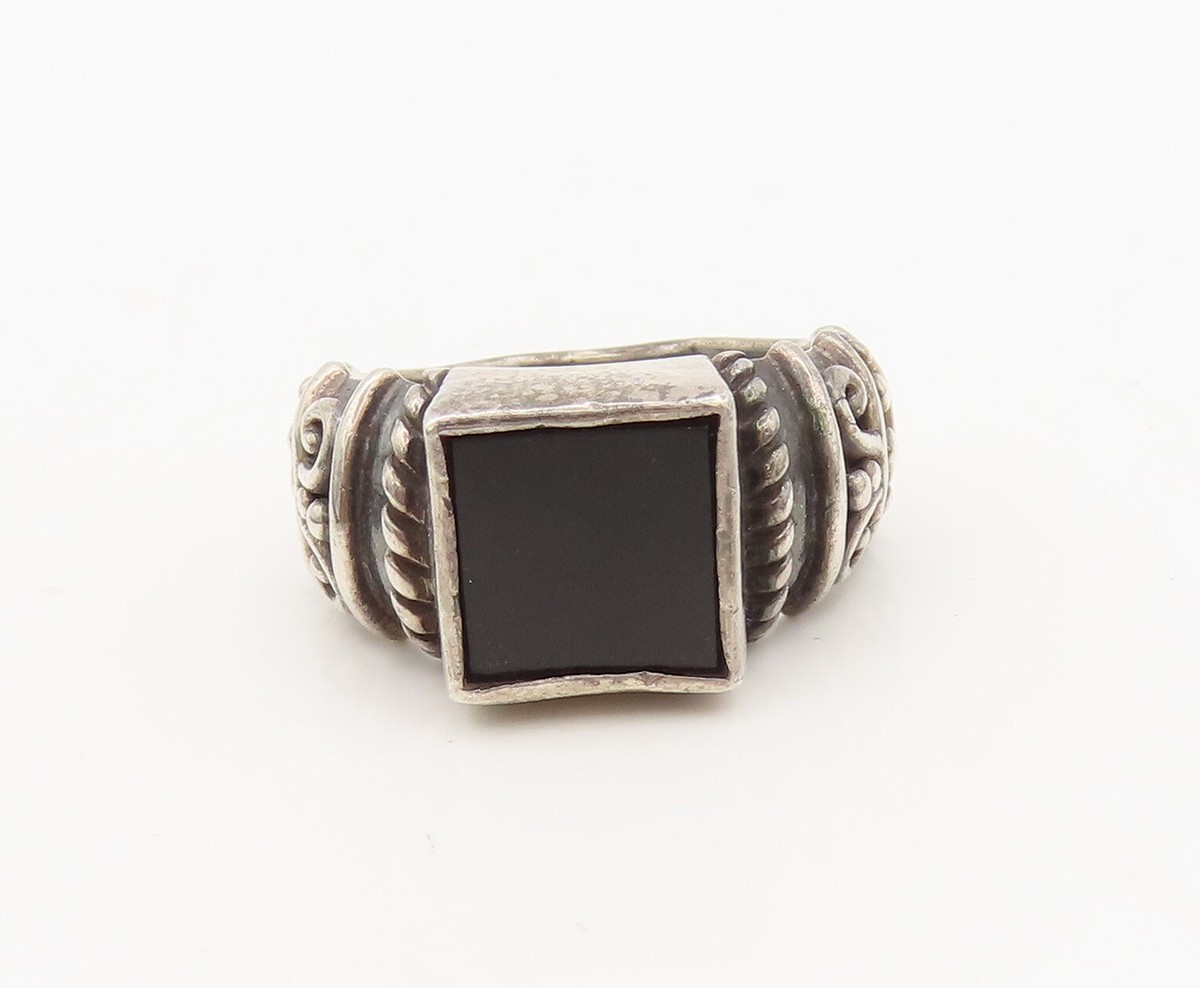 アクセサリー Seika 925 Sterling Silver Vintage Rectangular Onyx Carved Shank