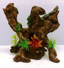 TREE TRUNK BRANCH W/ PLASTIC PLANTS POLYRESIN REPLICA AQUARIUM ORNAMENT 3074