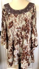 CATHERINES Blouse Sz 2 Ribbon Twist Pleated Stretch Bell Sleeve Tunic Top NWOT