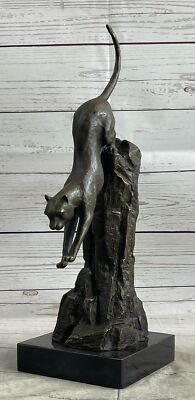 Panther Cougar Mountain Lion Cat Leaping Pouncing Down Bronze Sculpture Statue