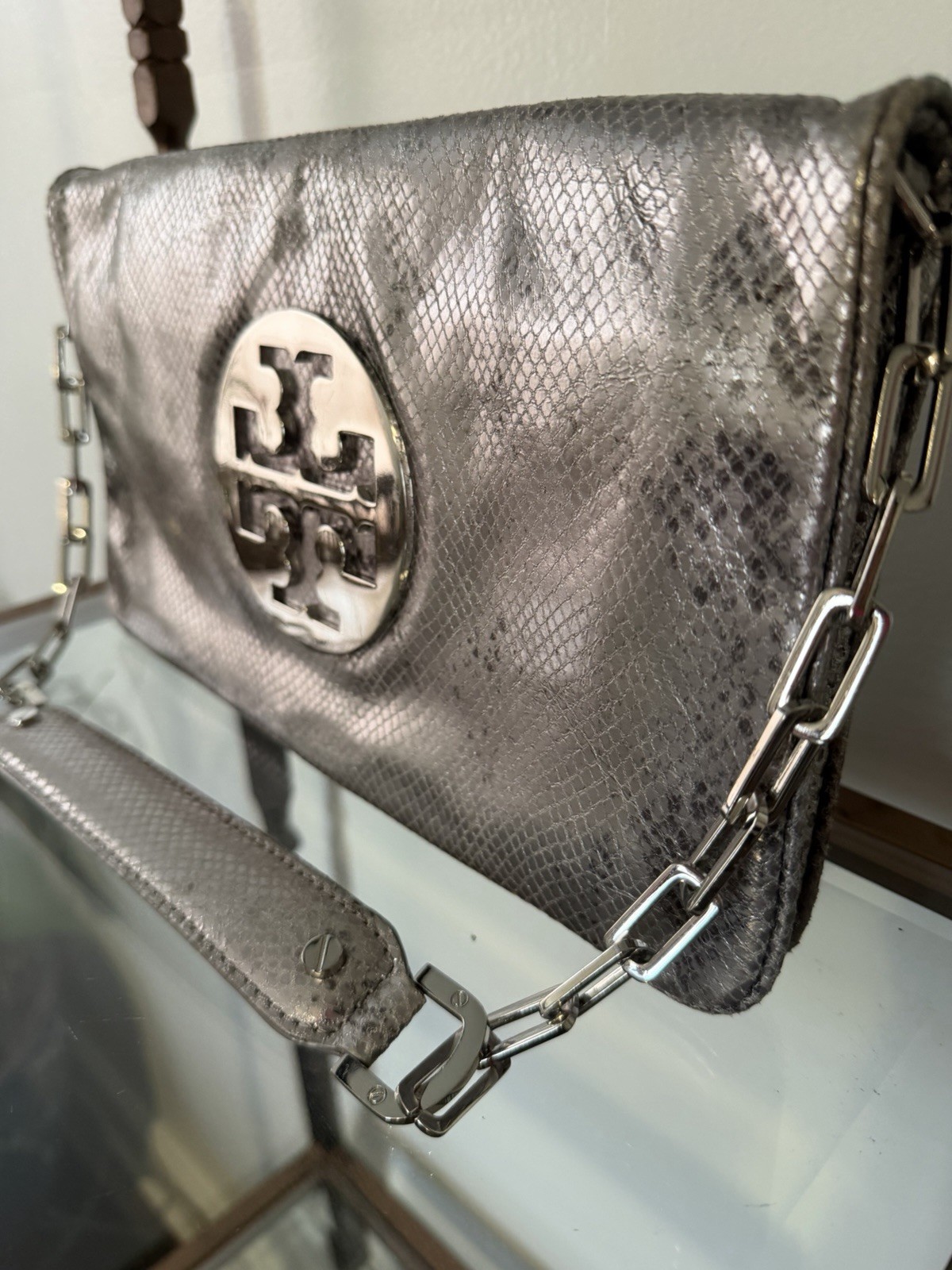 TORY BURCH Silver Audra Reva Python Snake Leather… - image 1
