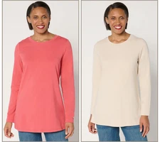 Denim & Co. Ess. Favorite Jersey Set of 2 Tunic Tops - Women's XS - Clay / Stone