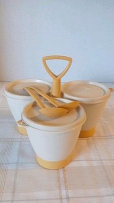 Tupperware Condiment Caddy Set Almond/Harvest Gold 9 Pieces BBQ Picnic Vintage
