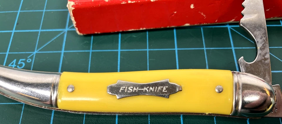Vintage Colonial PROV USA Fish Knife Yellow Handle W Box Fish Scaler - Image 2 of 4