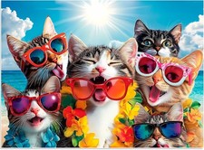 500 Pieces Puzzle for Adults, Summer Cat Beach Jigsaw Puzzle for Adults Teens, R