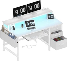 Gaming Desk with LED Lights and Power Outlets, 47 Inch Home Office Desks with Ke