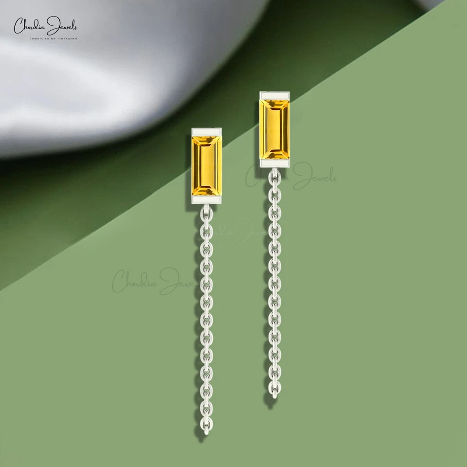 Natural 6X3mm Citrine 14k Gold Threader Earring Delicate Chain Earring For Women - Image 3 of 4