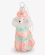 White Poodle w/ Pink  Green sweater Christmas ornament, Glass, Holiday Lane NWT