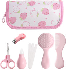 Baby Grooming Kit 6 - Piece Set in Storage Bag Pink - Soft Brush, Comb, Nail Cl