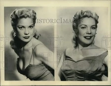 1956 Press Photo Gale Sherwood in "Paris in the Springtime" Gown by Paul Dupont