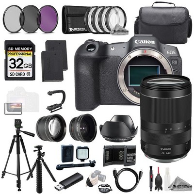 Canon EOS R8 + RF 24-240mm f/4-6.3 IS USM Lens+32GB+ExtBat+9PCFltr-MEGAKit