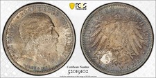 1907 German State Baden 2 Marks Coin PCGS MS65 RARE High Value